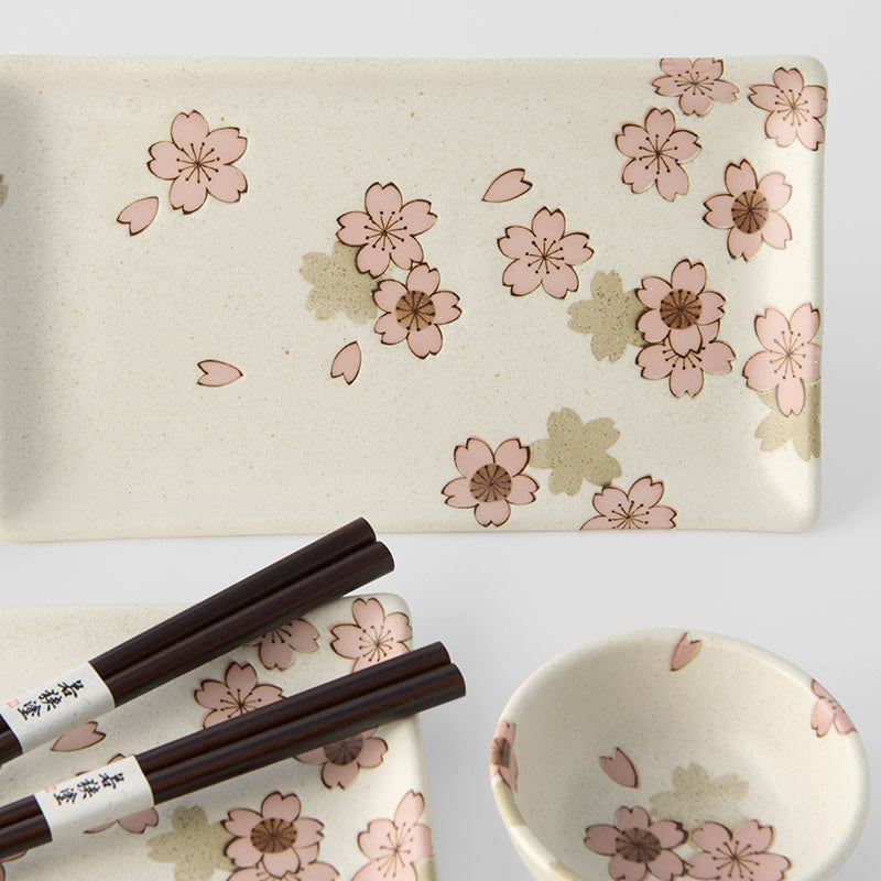 Sushi Set for Two with Chopsticks White With Pink Sakura Design