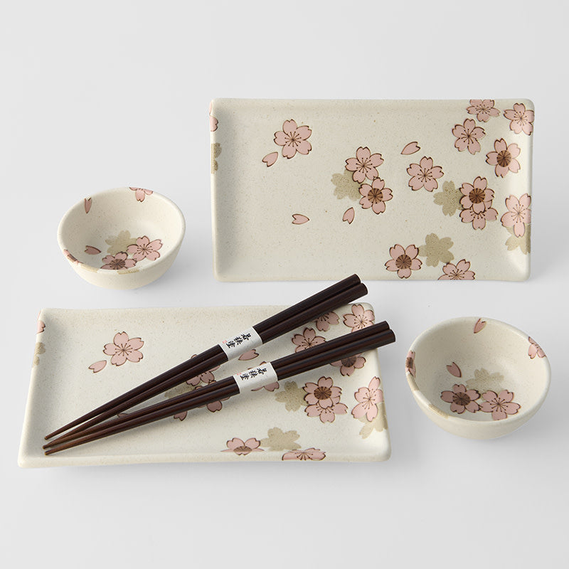 Sushi Set for Two with Chopsticks White With Pink Sakura Design