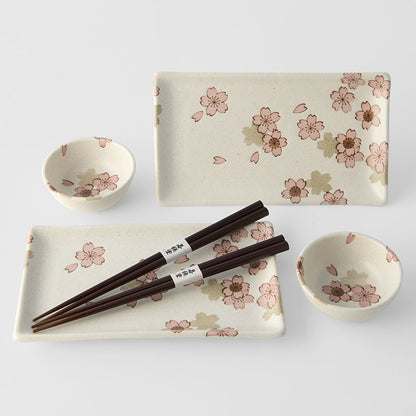 Sushi Set for Two with Chopsticks White With Pink Sakura Design