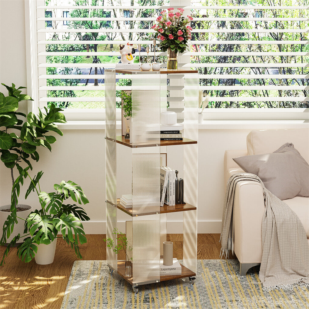 4-Tiered Floor Standing Storage Rack Acrylic Bookshelf with Crystal-like Casters