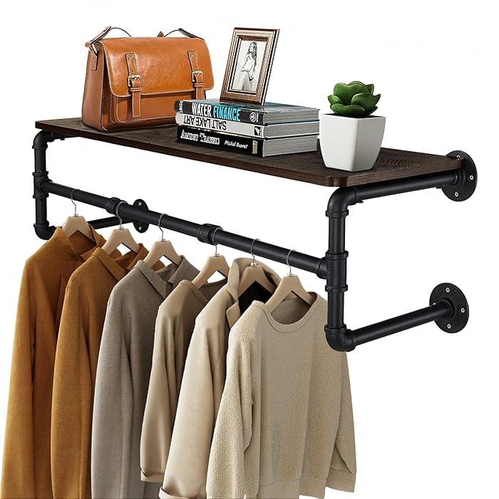 Upgraded Heavy Duty Pipe Clothes Rack Iron Garment Hanging Bar with Top Shelf