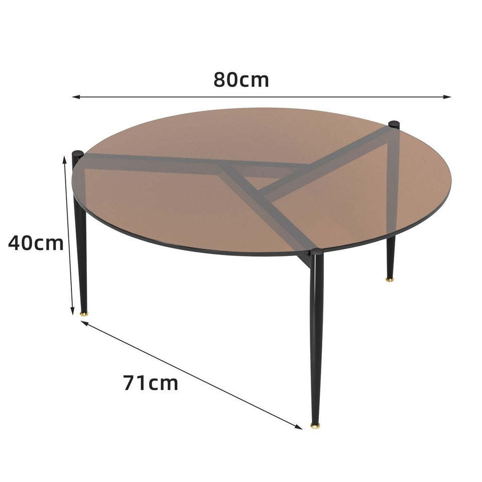 Modern Round Tempered Glass Coffee Table Sofa Side End Table Brown Tinted Metal Frame Living Room