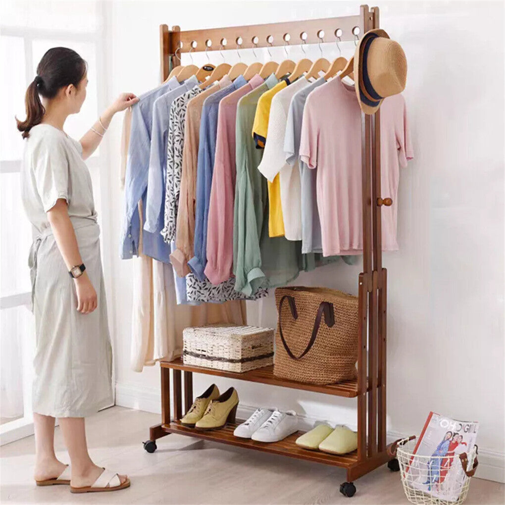 Walnut Wood Rolling Clothing Garment Rack Open Wardrobe Entryway Bedroom Shop