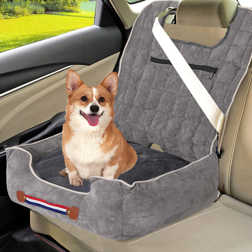 Large Cozy Dog Car Booster Double-Side Cushion Pet Travel Bed with Adjustable Strap