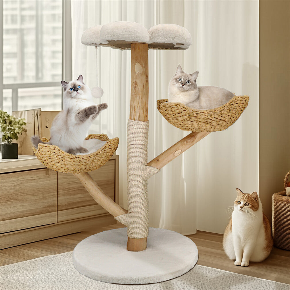 Solid Wood Cat Tree with 3 Branches & Baskets