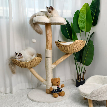Solid Wood Cat Tree with 3 Branches & Baskets