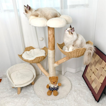 Solid Wood Cat Tree with 3 Branches & Baskets