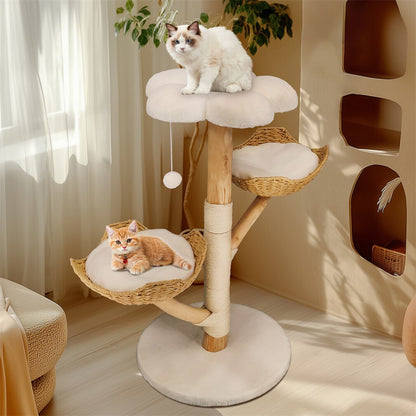 Solid Wood Cat Tree with 3 Branches & Baskets