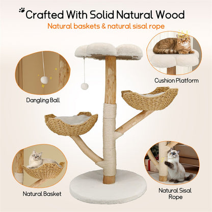 Solid Wood Cat Tree with 3 Branches & Baskets