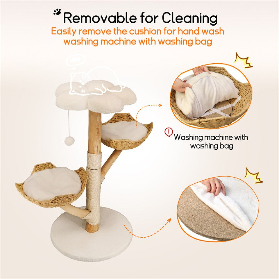 Solid Wood Cat Tree with 3 Branches & Baskets