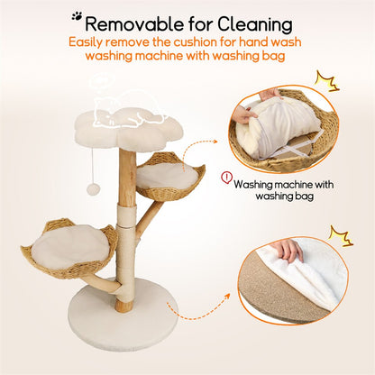 Solid Wood Cat Tree with 3 Branches & Baskets