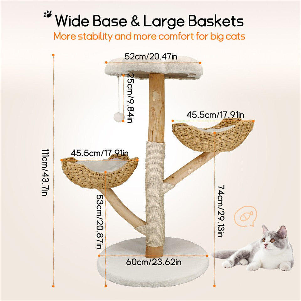 Solid Wood Cat Tree with 3 Branches & Baskets