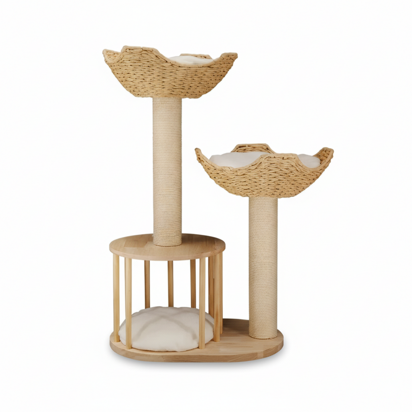 P&P Natural Wood White 3-Tier Cat Tower with Scratching Post, Condo and Plush Baskets