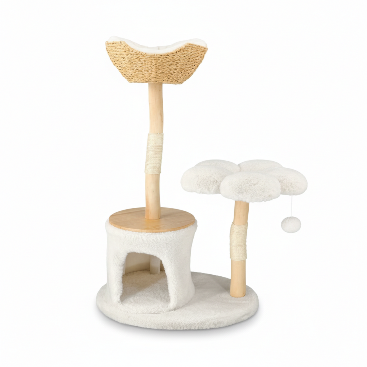 P&P Natural Wood White Cat Tree Tower with Basket, Condo and Sisal Scratching Posts