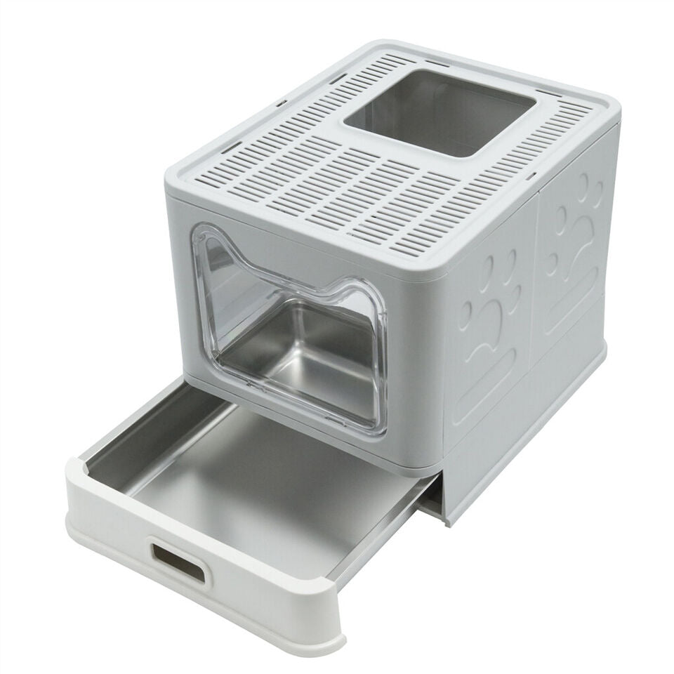 Stainless Steel Enclosed Cat Litter Box Top Exit Pet Toilet Box w/ Litter Scoop