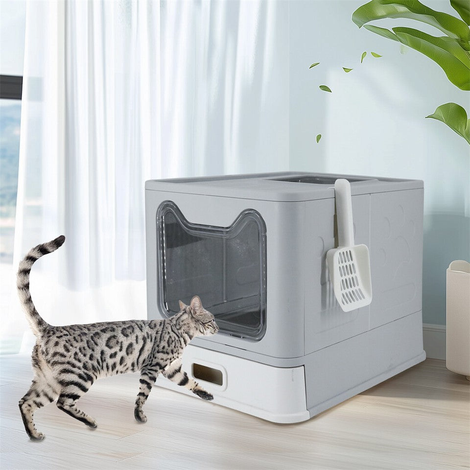 Stainless Steel Enclosed Cat Litter Box Top Exit Pet Toilet Box w/ Litter Scoop