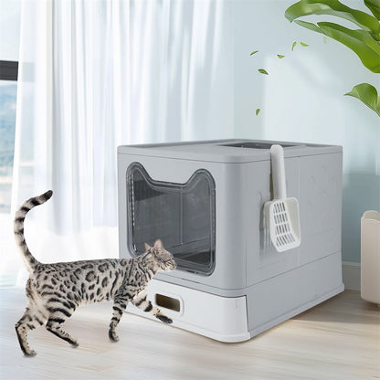 Stainless Steel Enclosed Cat Litter Box Top Exit Pet Toilet Box w/ Litter Scoop