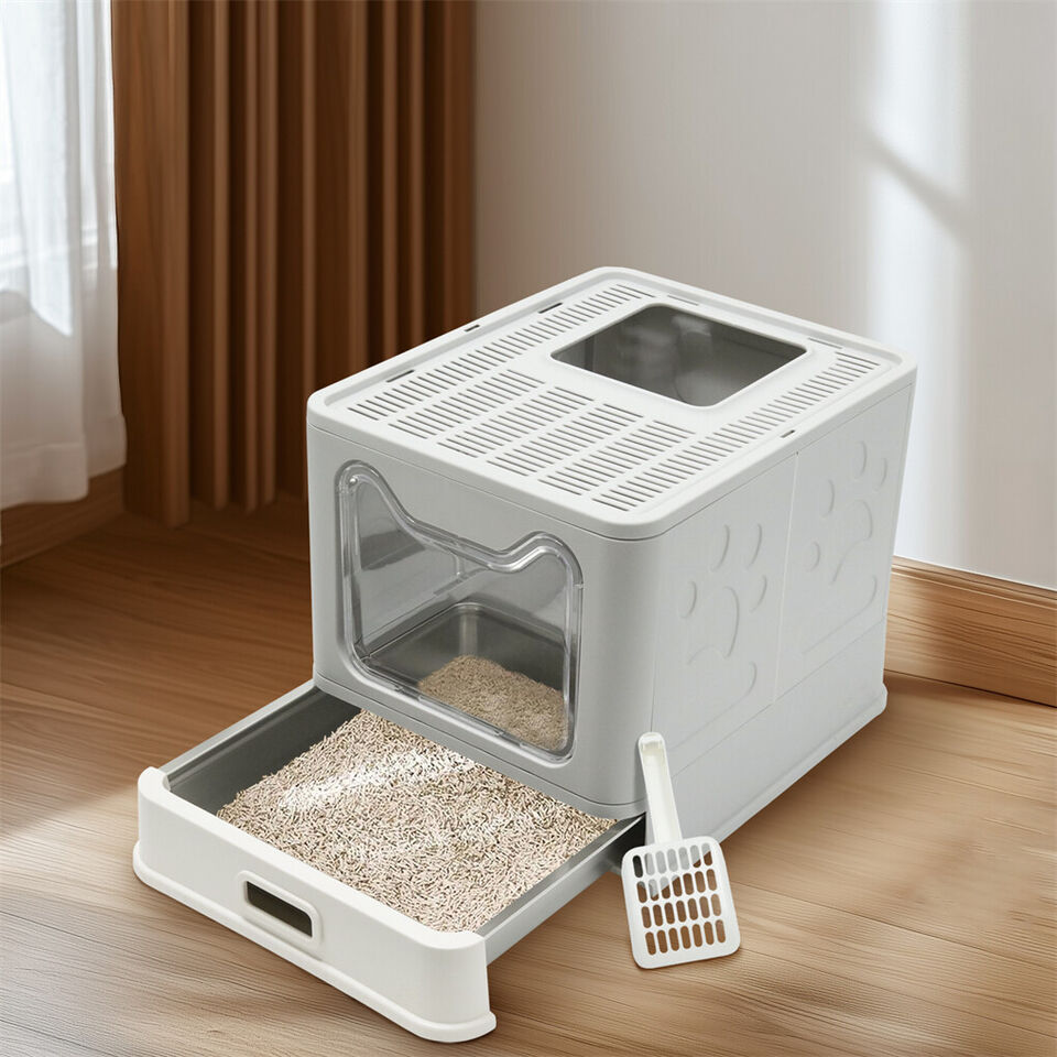 Stainless Steel Enclosed Cat Litter Box Top Exit Pet Toilet Box w/ Litter Scoop