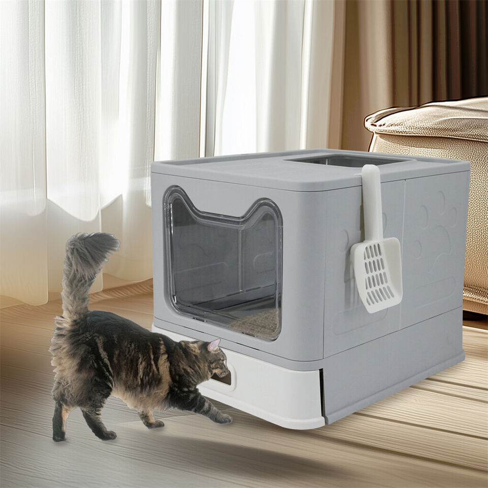 Stainless Steel Enclosed Cat Litter Box Top Exit Pet Toilet Box w/ Litter Scoop