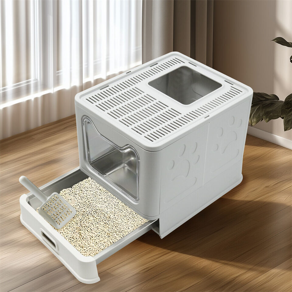 Stainless Steel Enclosed Cat Litter Box Top Exit Pet Toilet Box w/ Litter Scoop