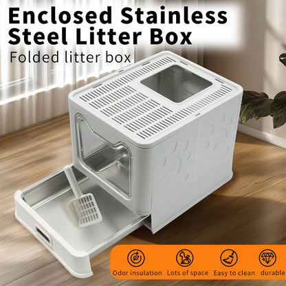 Stainless Steel Enclosed Cat Litter Box Top Exit Pet Toilet Box w/ Litter Scoop