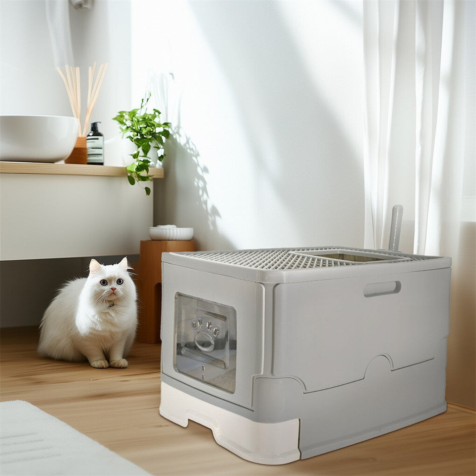 Large Enclosed Cat Litter Box Foldable Cat Kitten Toilet Box with Slide-Out Tray