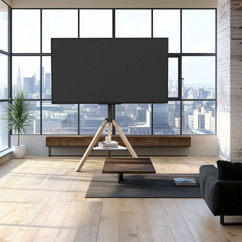 FIN 32-75 Inch Swivel Tripod TV Stand Stable Wooden Legs TV Mount with Marble Shelf