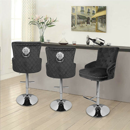 Luxury Black Velvet Swivel Bar Stool With Lion Knocker & Cross Stitch High Back