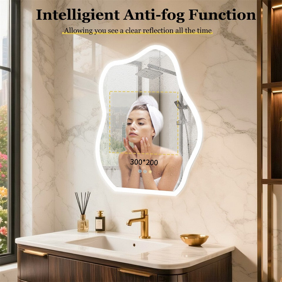 FIN Chic Cloud-shape LED Bathroom Mirror Adjustable 3 Color Vanity Mirror w Demister