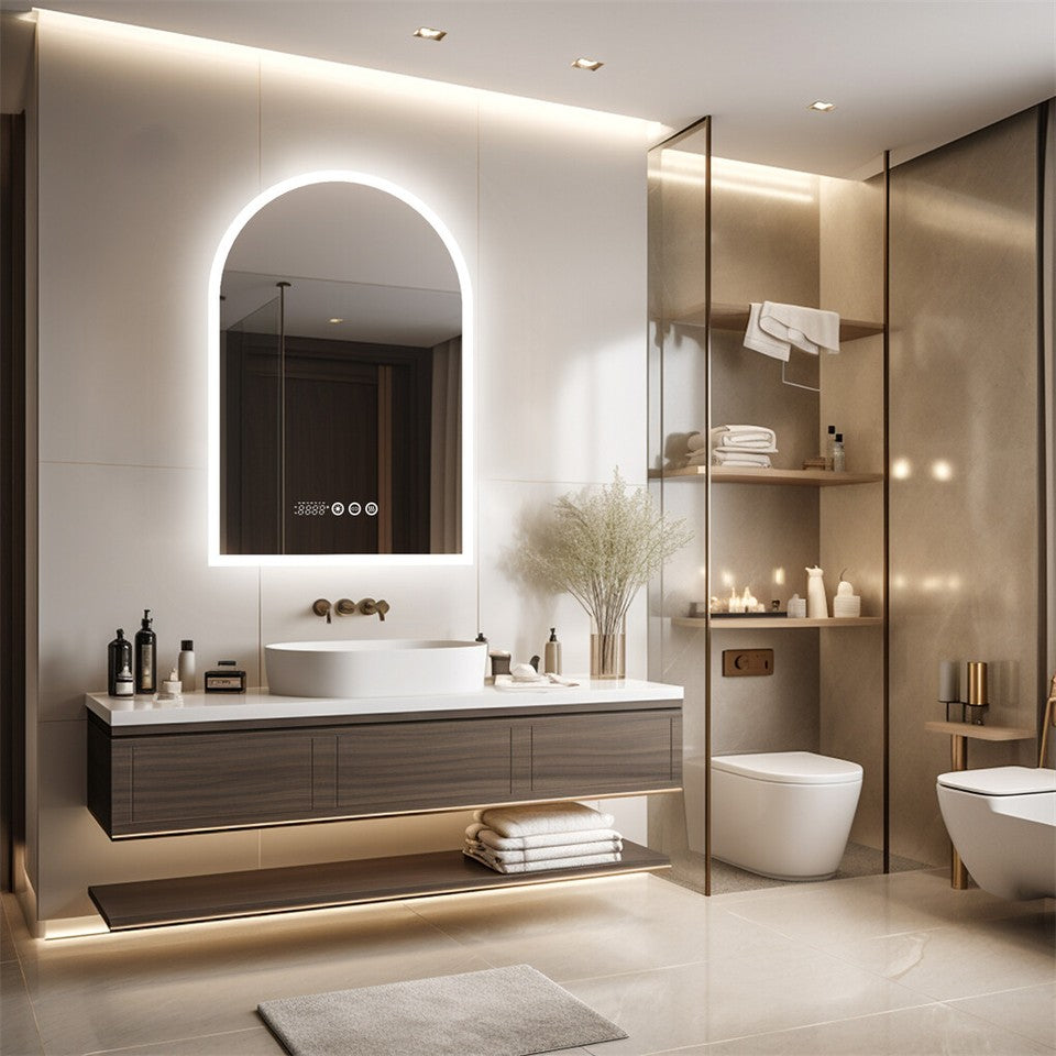 Arch Dimmable Led Bathroom Vanity Mirror w Antifog Temperature Date Time Display