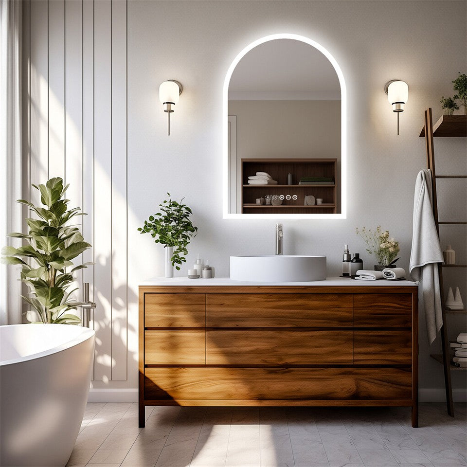 Arch Dimmable Led Bathroom Vanity Mirror w Antifog Temperature Date Time Display