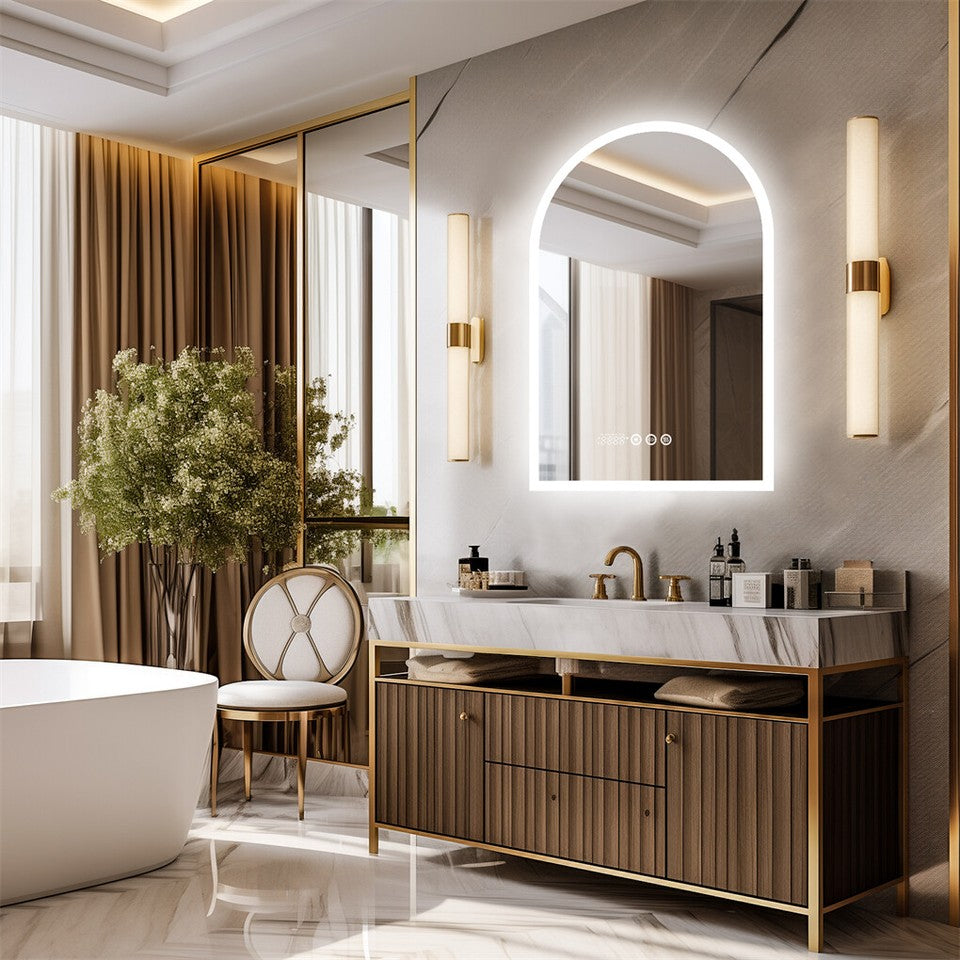 Arch Dimmable Led Bathroom Vanity Mirror w Antifog Temperature Date Time Display