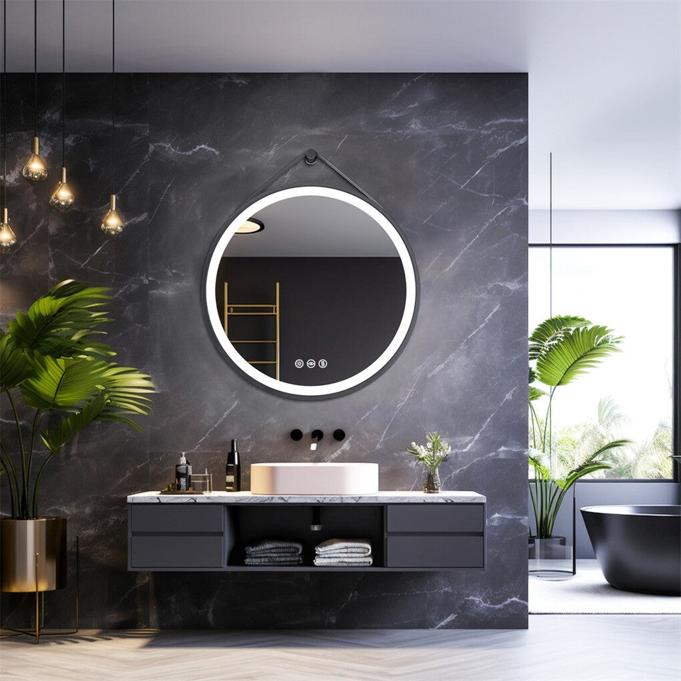 Round LED Bathroom Mirror with Anti-Fog & Black Frame