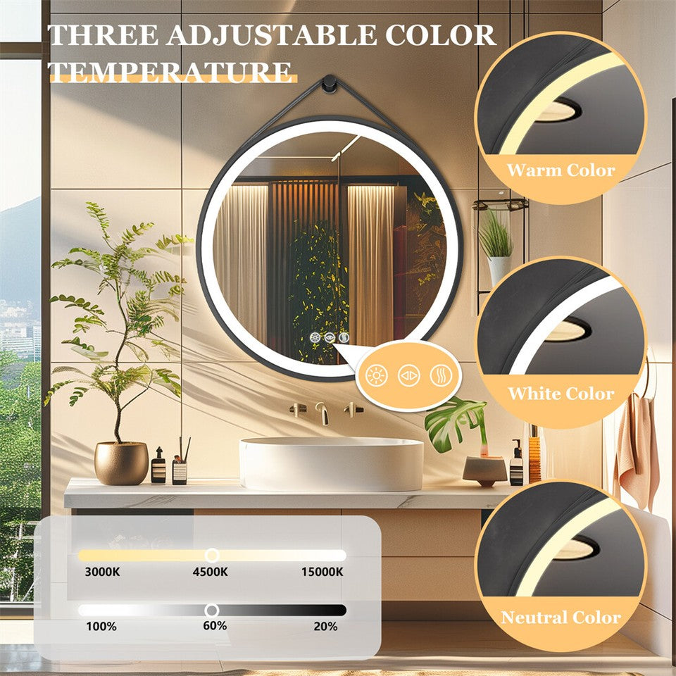 Round LED Bathroom Mirror with Anti-Fog & Black Frame