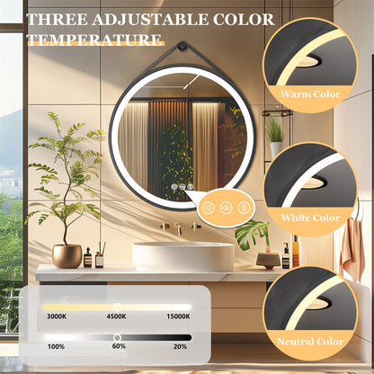 Round LED Bathroom Mirror with Anti-Fog & Black Frame