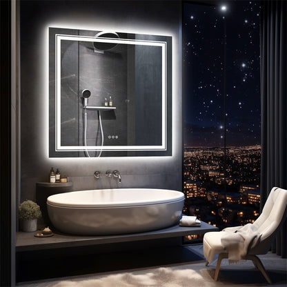 Fin Large Square Wall Mount Smart Led Bathroom Mirror Anti Fog Backlit Vanity Mirror