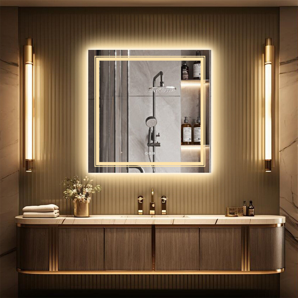 Fin Large Square Wall Mount Smart Led Bathroom Mirror Anti Fog Backlit Vanity Mirror