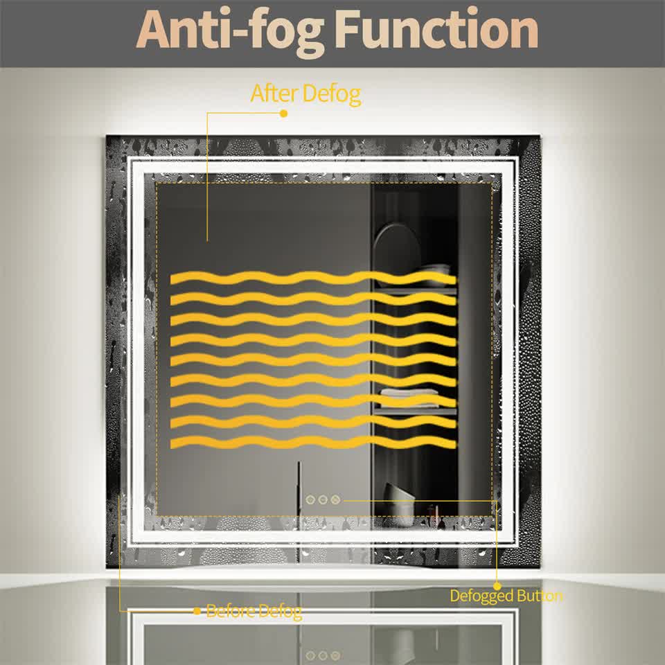 Fin Large Square Wall Mount Smart Led Bathroom Mirror Anti Fog Backlit Vanity Mirror