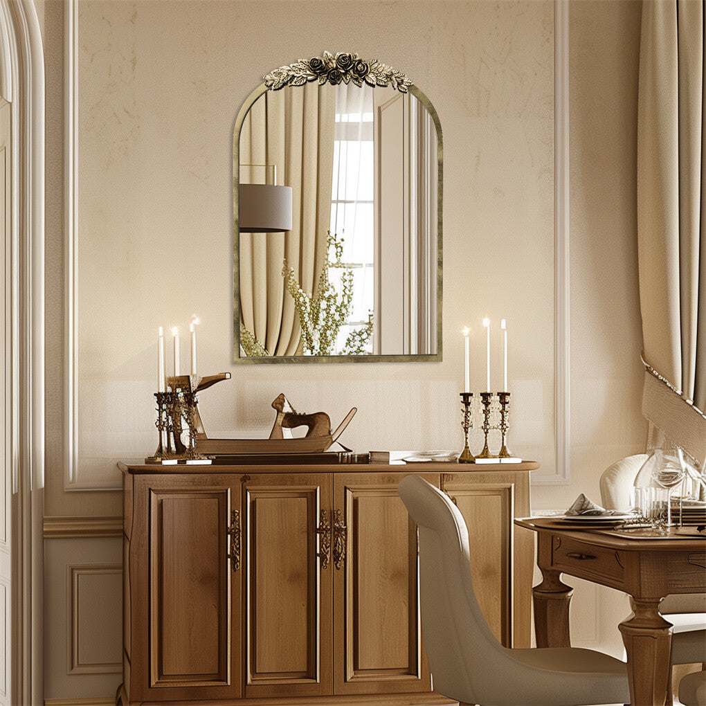 Antique Baroque Arched Wall Mirror Rose Edge Decorative Mirror Fireplace Entryway