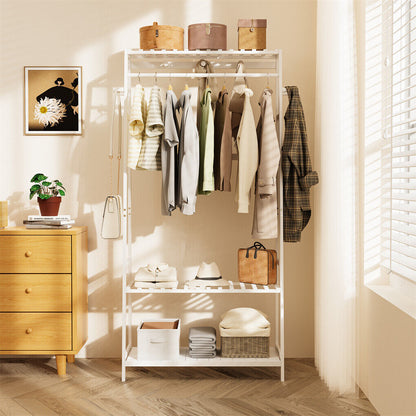 Large White Bamboo Garment Clothes Rack Shoes Coats Shelf w/ 3 Shelves & 10 Hook