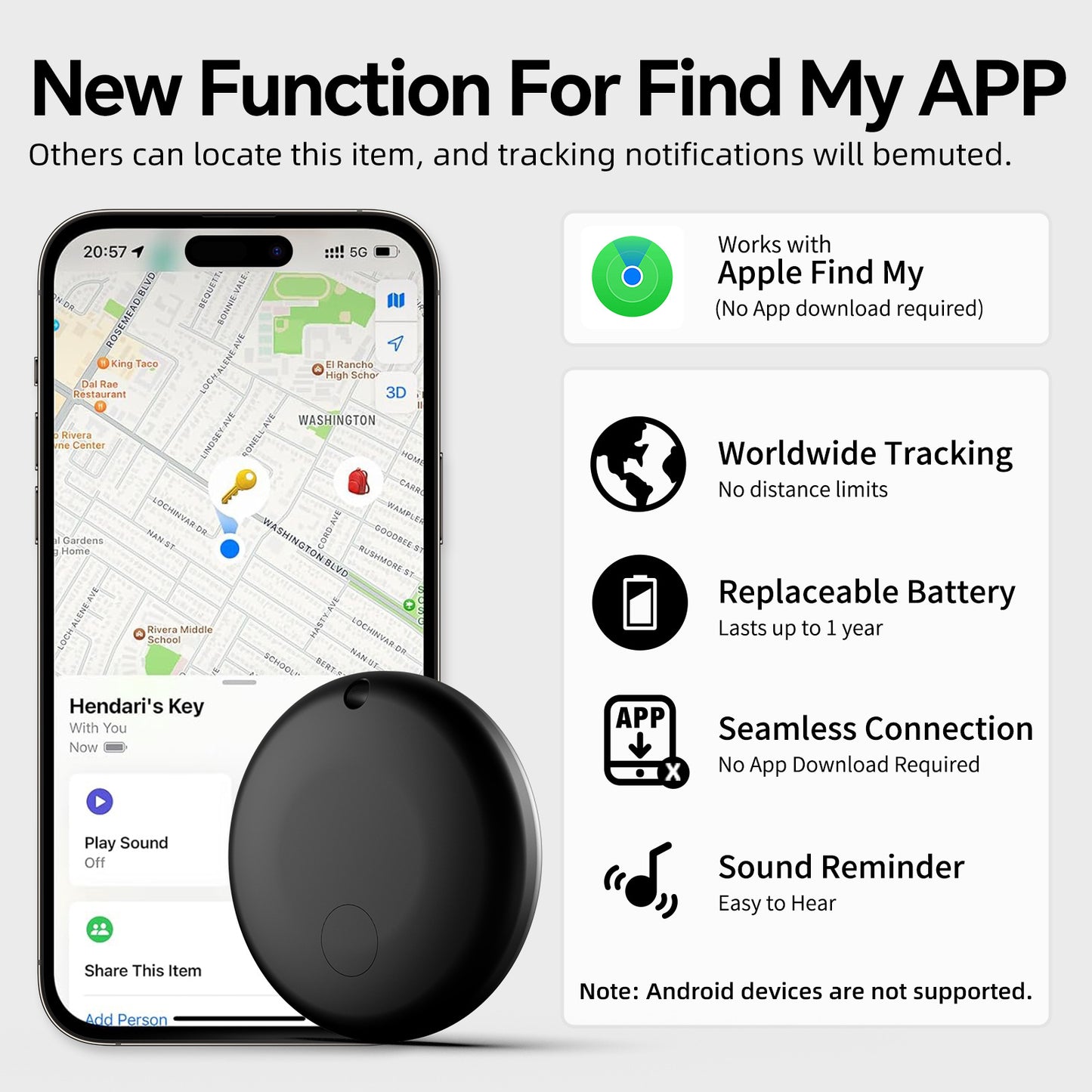 (Square Black) Mini GPS Tracker - Apple Find My Enabled, Key Finder, Wallet Locator, Anti-Theft Tag