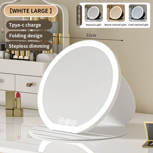 White Large Round Foldable LED Makeup Mirror - 22cm Desktop Vanity with 3 Color Lights & Stepless Dimming