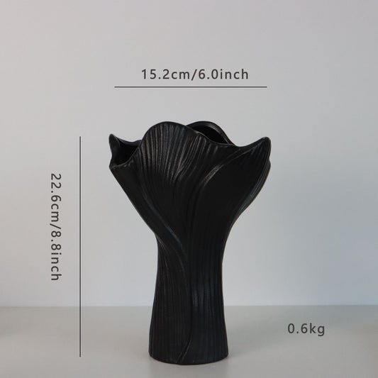 Black Elegant Ceramic Vase - Modern Sculptural Flower Holder with Wide Fluted Opening