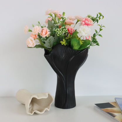 Black Elegant Ceramic Vase - Modern Sculptural Flower Holder with Wide Fluted Opening