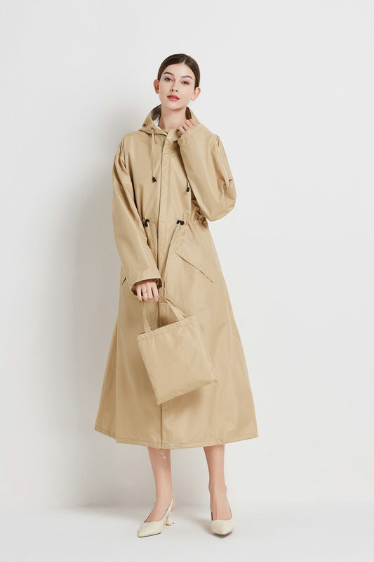 Size M Khaki Women's Chic Lightweight Waterproof Raincoat - Long Hooded Packable Rain Jacket with Pouch