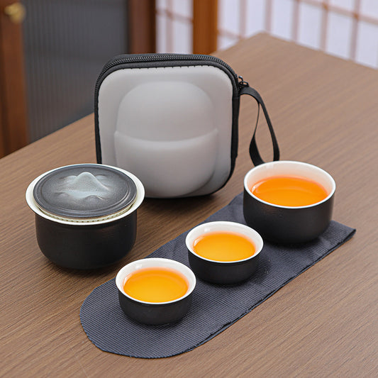 Portable Ceramic Tea Set for Travel - Quick Gaiwan with 3 Cups & Carrying Case(black)