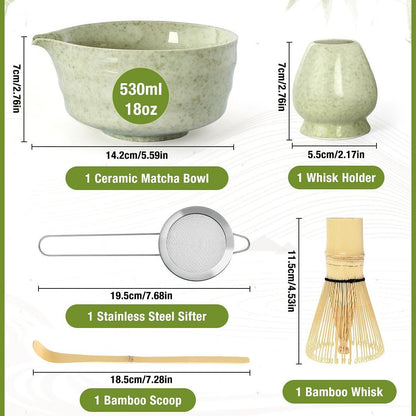 5-Piece Ceramic Matcha Tool Set - Spouted Bowl, Whisk, Holder, Sifter & Scoop for Japanese Matcha Tea Ceremony