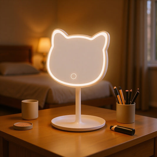 Cute Cat Ear LED Makeup Mirror Desktop Vanity Light with Storage Tray Adjustable Angle Cordless Cosmetic Beauty Tool for Teens