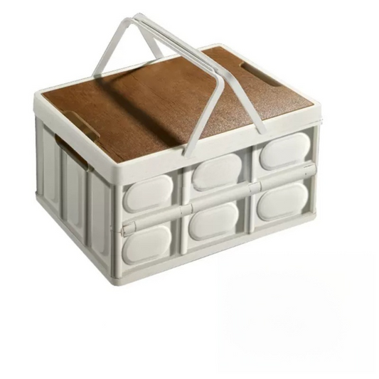 White Collapsible Medium Handle Storage Box with Wooden Table Top(42x28x23CM) - Car Trunk Organiser for Australian Camping & Home Use