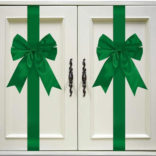 Green Satin Cabinet Door Bows 5 Pack - Large Pre-made Ribbon with Velcro Attachment for Kitchen Cupboards, Weddings, Gift Wrapping & Party Decor - Adjustable Fit